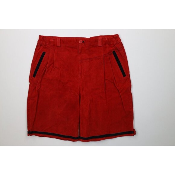 Vintage 90s Streetwear Mens Size XL Distressed Pleated Suede Leather Shorts Red - Picture 1 of 14